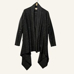 PureDKNY Wool Leather Open Front Wrap Coat Size Small Black Sharkbite Hem